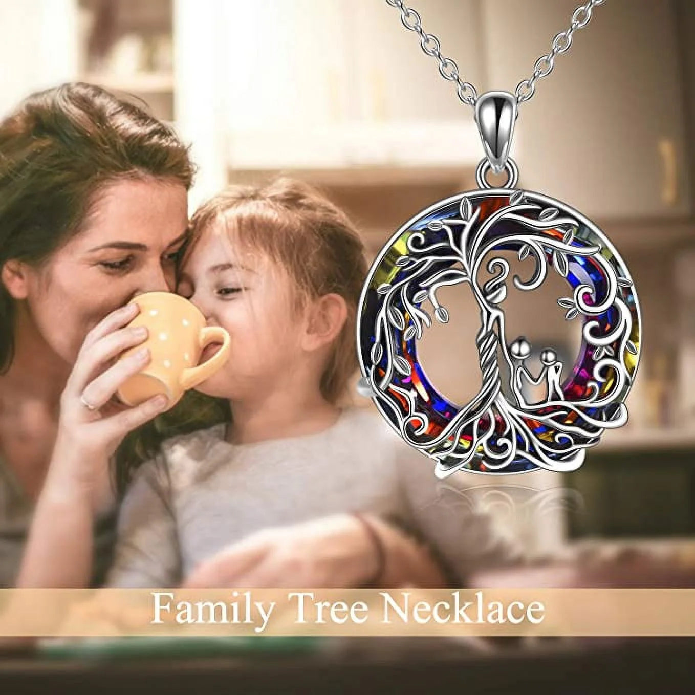 New Mom Jewelry Sterling Silver Mother and 3 Children Family Tree of Life Pendant Necklaces with Blue Crystal Jewelry Gifts for Women Mom Daughter Wife Birthday Anniversary Mothers Day