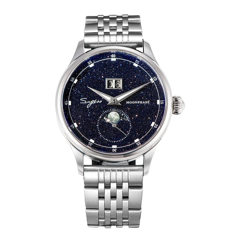 Moonphase Watch of Men 40Mm Automatic Mechanical Wristwatches Seagul ST2528 Movement Stainless Steel Blue Sandstone Dial