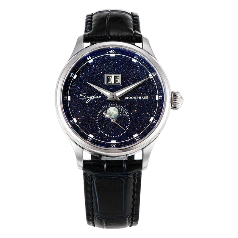 Moonphase Watch of Men 40Mm Automatic Mechanical Wristwatches Seagul ST2528 Movement Stainless Steel Blue Sandstone Dial