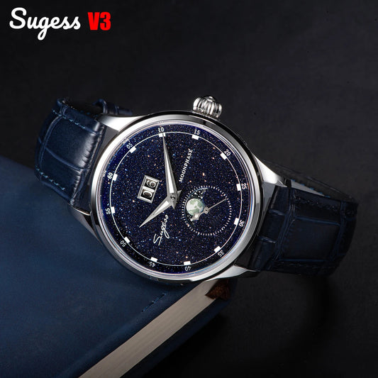 Moonphase Watch of Men 40Mm Automatic Mechanical Wristwatches Seagul ST2528 Movement Stainless Steel Blue Sandstone Dial