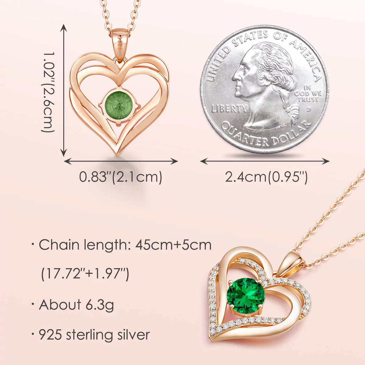 Love Heart Pendant Necklaces for Women 925 Sterling Silver with Birthstone Zirconia Rose Gold Diamond Anniversary Jewelry Best Gift Ideas for Women Fine Packing Gift Box