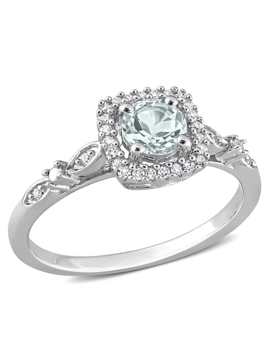 Miabella Women'S 3/8 Carat T.G.W. Aquamarine and 1/10 Carat T.W. Diamond Sterling Silver Halo Engagement Ring