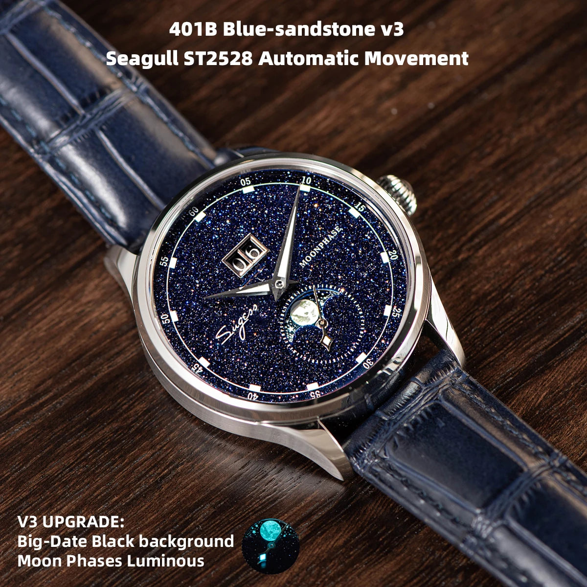 Moonphase Watch of Men 40Mm Automatic Mechanical Wristwatches Seagul ST2528 Movement Stainless Steel Blue Sandstone Dial