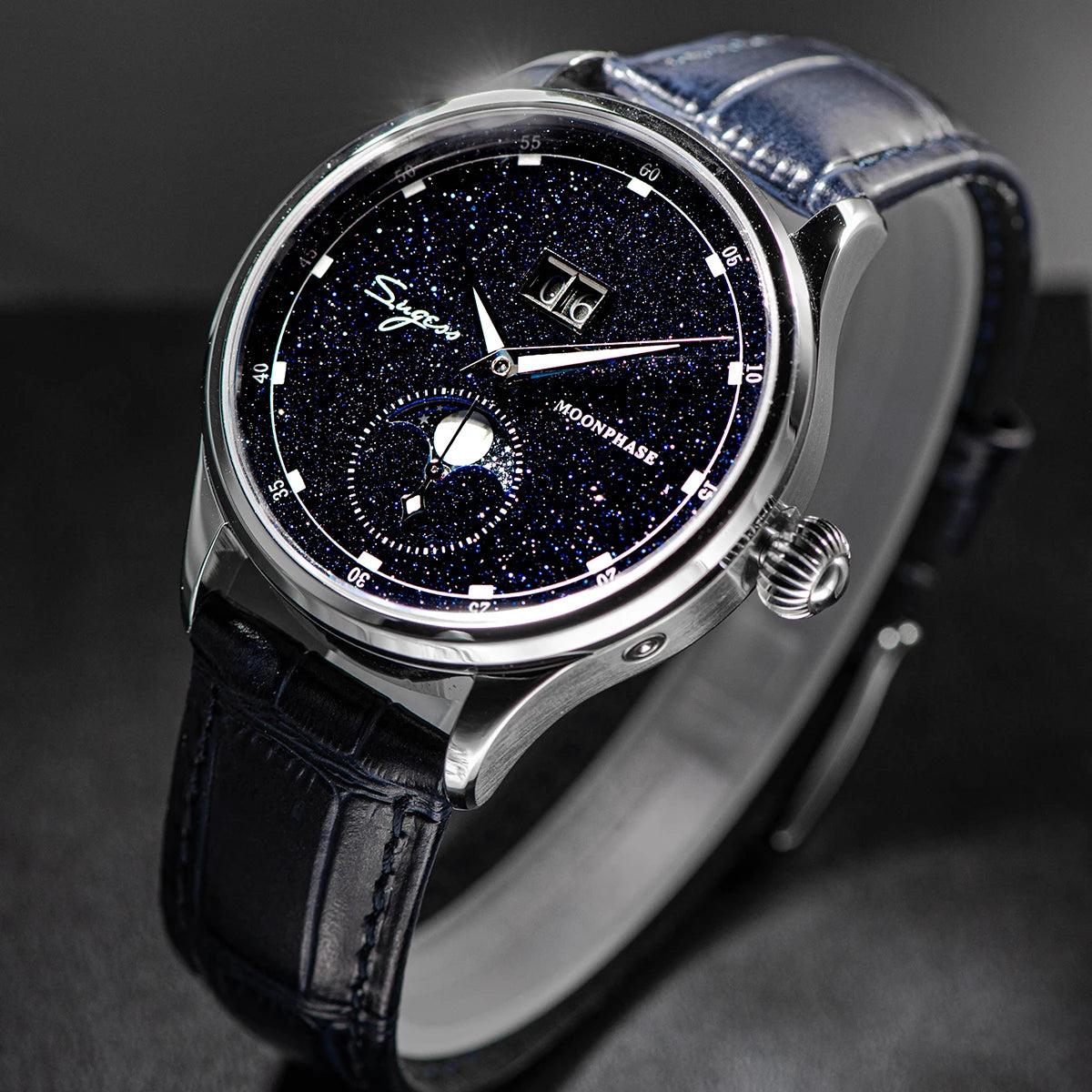 Moonphase Watch of Men 40Mm Automatic Mechanical Wristwatches Seagul ST2528 Movement Stainless Steel Blue Sandstone Dial