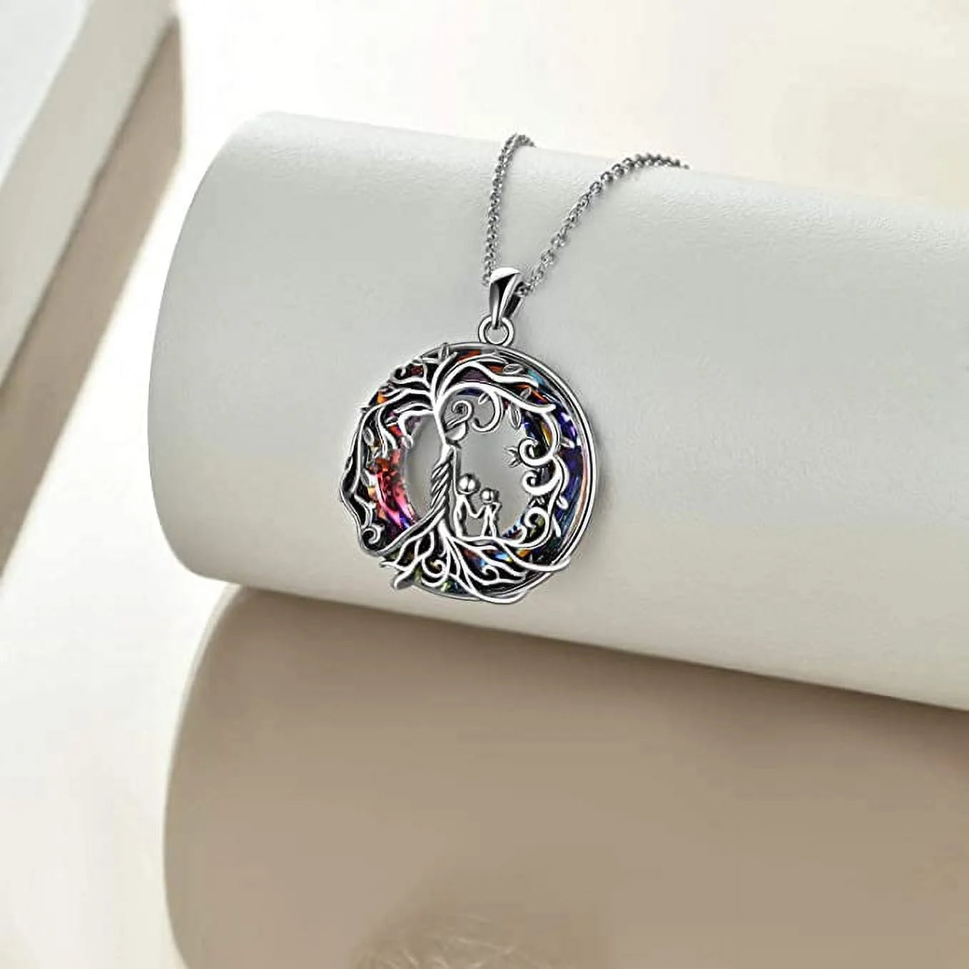 New Mom Jewelry Sterling Silver Mother and 3 Children Family Tree of Life Pendant Necklaces with Blue Crystal Jewelry Gifts for Women Mom Daughter Wife Birthday Anniversary Mothers Day